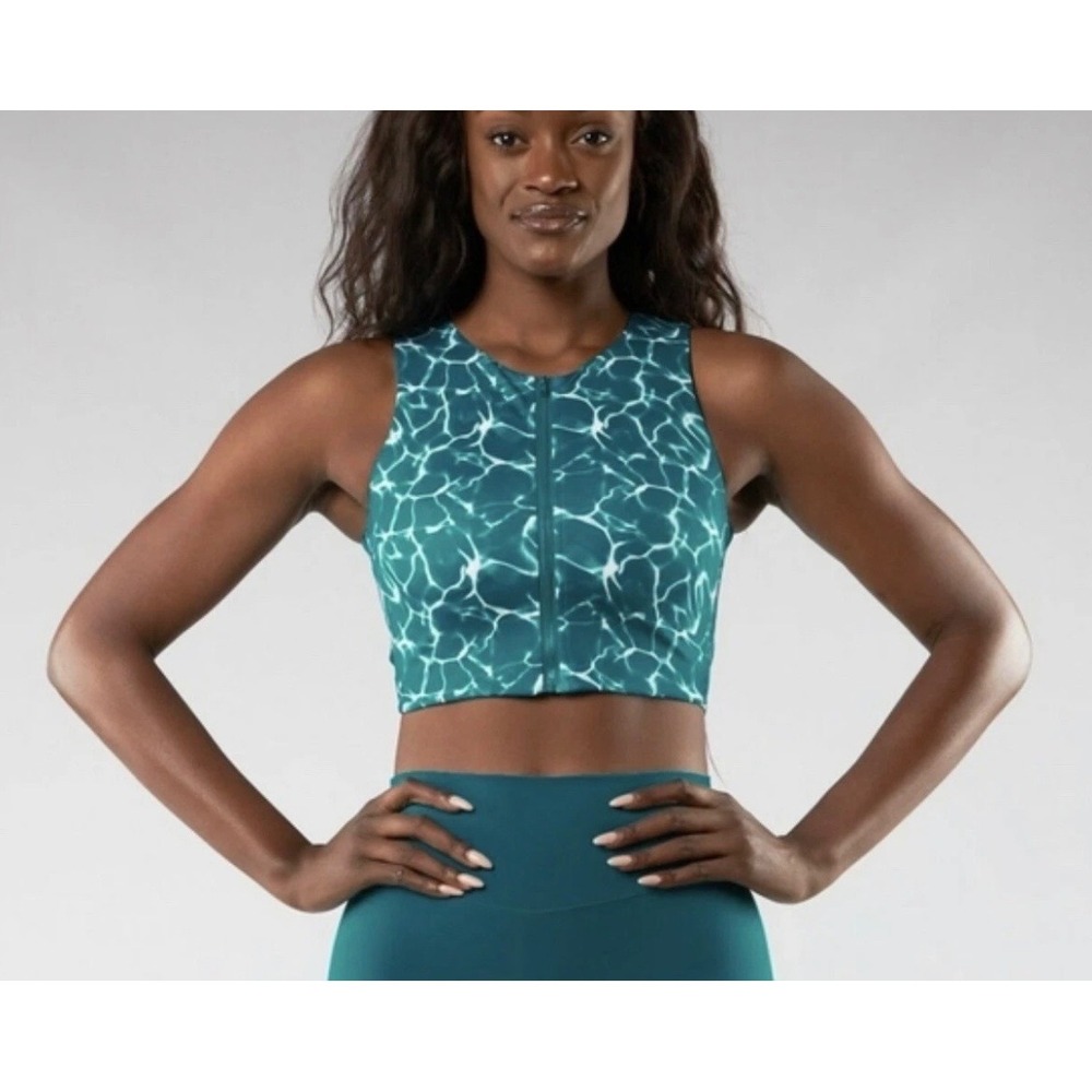 BuffBunny Collection Teal Water Ripple Zip Front Crop Top XS Open Back NWT